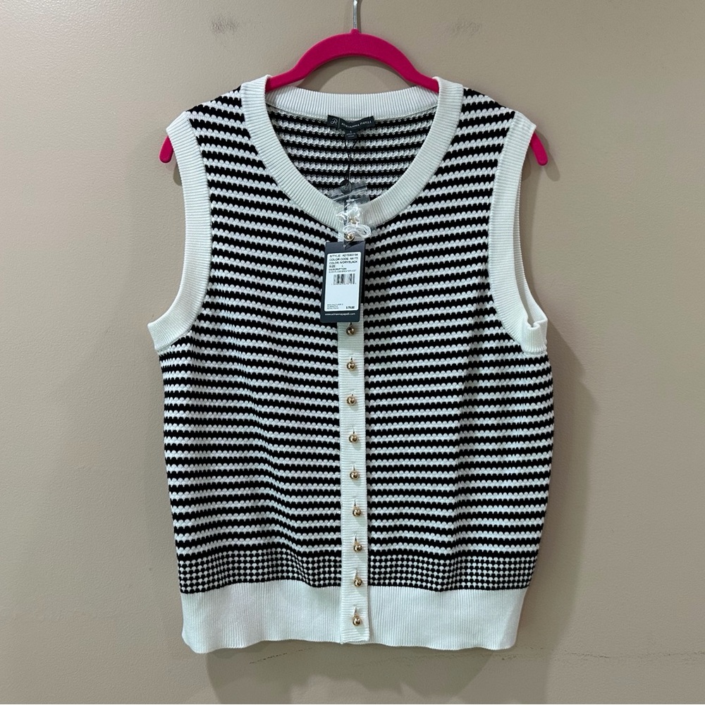 NWT Adrianna Papell Knit Striped Sweater Vest Cardigan Button Front Womens L
